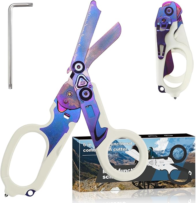 6 in 1 trauma shears folding emergency shear Outdoor Camping Tools Seat Belt Cutter Oxygen Cylinder Wrench Complimentary Adjustable Wrench (Luminous Purple)