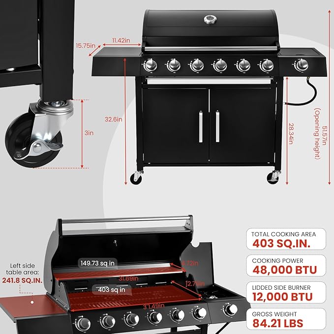 6-Burner w/Side Burner Gas Grill with 403 SQ.IN. Outdoor Grill with 60000 BTUPropane Grills with Top Cover LidGrills Outdoor Cooking for PatiosCampingBalcony-Q032