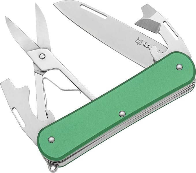 Fox Knives Vulpis FX-VP130-F4 Slipjoint Folding Knife 4-in-1 Multitool 2.17in Blade Bottle Opener Can Opener Flat Head Screwdriver Scissors - Compact Versatile Minimalist Pocket Knife (OD Green)