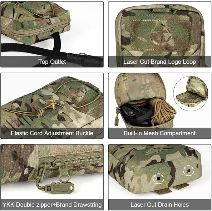Tactical Hydration Pouch with Inner Bladder for 1L Water Bag Laser Cut MOLLE Hydration Pouch for Hiking Biking Running and Climbin 500D Nylon