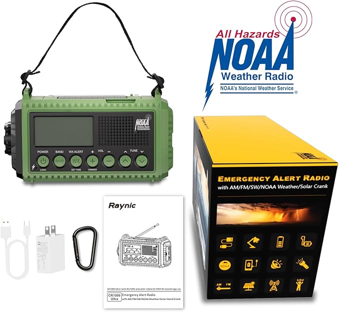Raynic Emergency Radio 12000mAh/44400mWh Battery Operated Weather Radio Solar Hand Crank Radio with AM/FM/SW/NOAA Alert Cell Phone Charger Type-C Charging Flashlight and SOS Siren