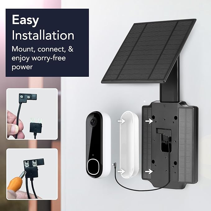 Wasserstein Doorbell Solar Charger with Built-in Battery Compatible with Arlo Video Battery Doorbell 2K (2nd Gen) WYZE Wireless Duo Cam &amp eufy E340/C30/C31 Doorbell (2.5W)