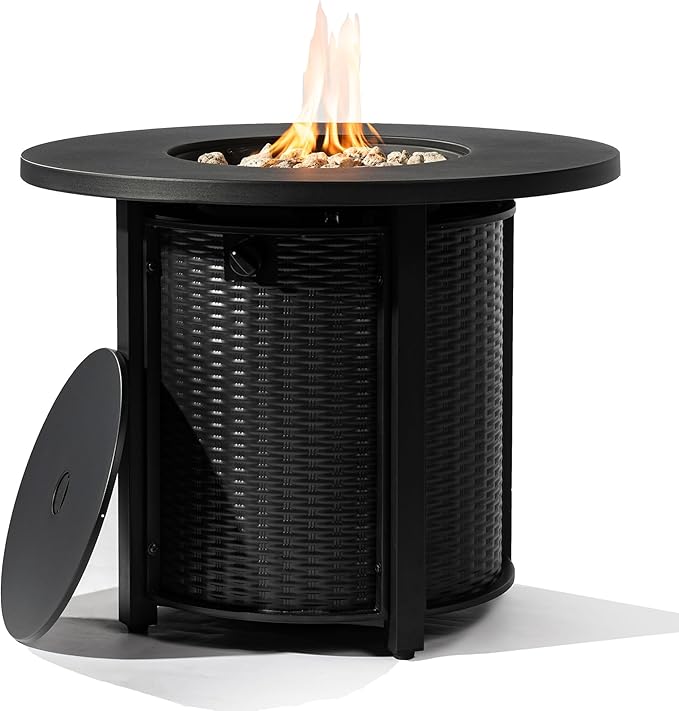 32'' Round Gas Fire Pit 50000 BTU Steel Outdoor Fire Tables Fire Table with Lid Add Warmth &amp Ambience to Gatherings and Parties On Patio Deck Garden Backyard Black.