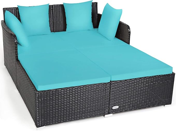 Tangkula Outdoor Rattan Daybed Sunbed Wicker Furniture w/Spacious Seat Upholstered Cushion &amp High-Resilience Sponge Wicker Patio Sofa Set w/Extra Pillows for Courtyard Poolside(Turquoise)