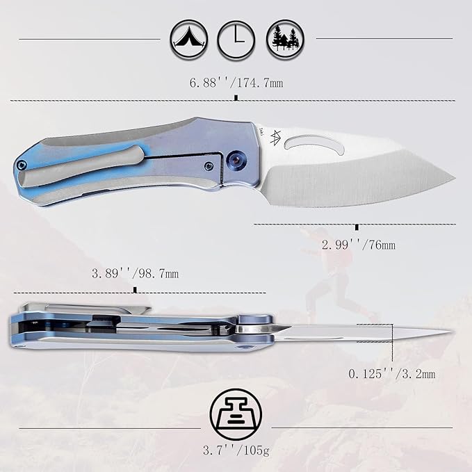 KANSEPT Loki Pocket Folding Knives for Men EDC Camping Folding Knife 2.99'' Satin CPM S35VN Blade Material Pocket with Plain &amp Blue Anodized Titanium Handle Everyday Carry K1058A2