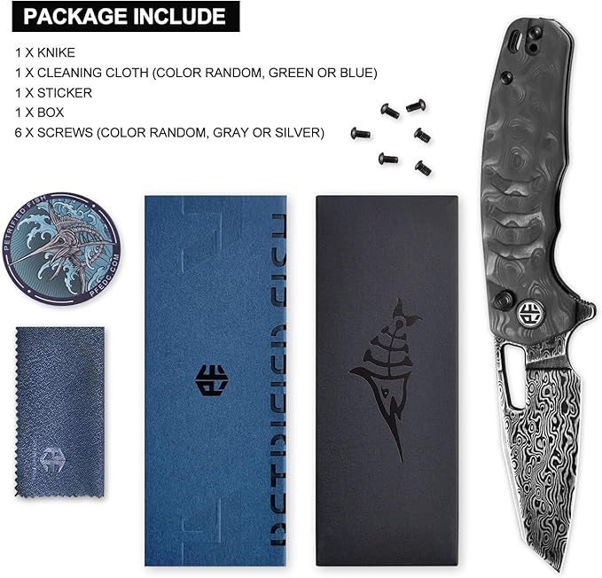 Petrified fish PFE17 Trilobite Folding Knife3.03 Damascus Black Stonewashed Blade Carbon Fiber Handle Camping Folding knife for EDC Outdoor (Black Damascus)