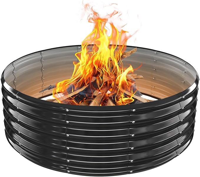 YSEJOMP 48 Inch Round Galvanized Fire Pit Ring/Fire Ring - Foldable and Perfect for Outdoor Gatherings and Campfires in The Yard/Garden/Park/Beach (Black+Gray 4 FT Diameter+1.5 FT Tall)