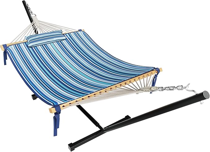 MUPATER 12FT Double Hammock with Stand Included 2 Person Outdoor Quilted Hammock with Stand Rope with Pad and Pillow para adultos Striped Blue