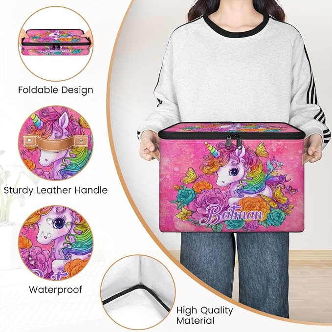 Storage-Bins with Lids Personalized Closet-Storage-Bins Under-Bed Stackable-Cubes-Box for Home Bedroom Unicorn Pink Floral