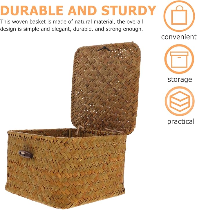 Hand Woven Lidded Storage Basket Woven Basket for Home Desktop Organizer Rattan Box
