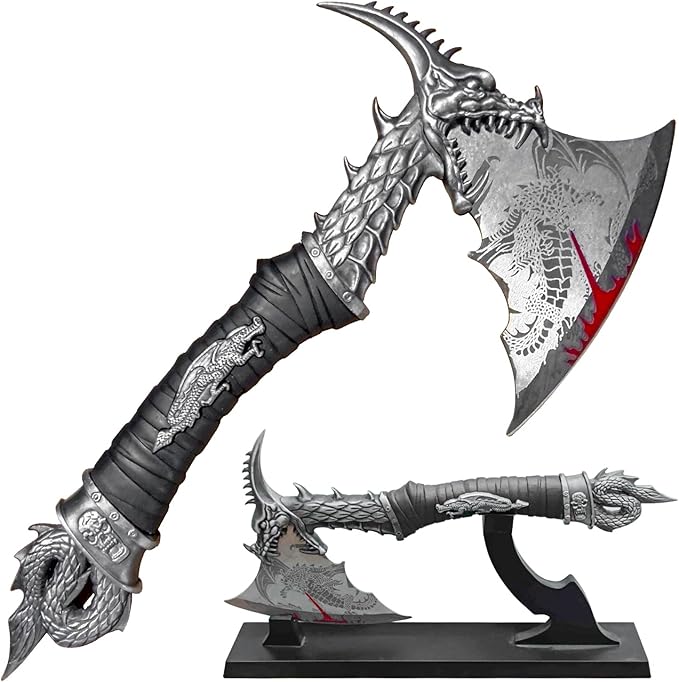 Snake Eye Tactical Fantasy Dragon Slayer Axe Stainless Steel Blade with Dragon Graphic Wood Handle 13 Inch Overall Length Display Stand Included