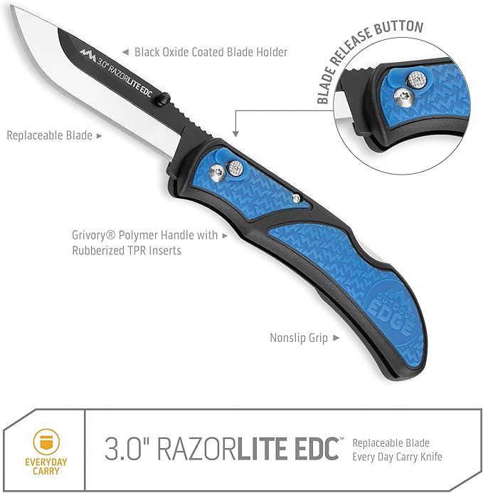 OUTDOOR EDGE 3.0 RazorLite EDC Knife (Blue) - Replaceable Blade Knife with Pocket Clip Lightweight Everyday Carry Utility Knife for Hunting Camping &amp Survival – Includes 4 Stainless Steel Drop-