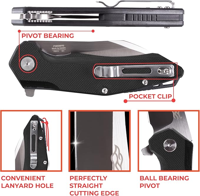 Firebird GANZO FH31 Folding Pocket Knife D2 Steel Wharncliffe Blade Ergonomic G10 Handle with Clip Hunting Fishing Flipper Camping Outdoor EDC Knife