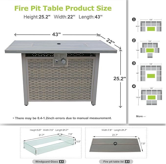 30 Round Propane Fire Pit Table - 50K BTU with Lid Rocks Tank Storage and Cover - Round Gas Fire Pits for Outside Patio - Outdoor Table with Firepit (Brown 43 Rectangular)