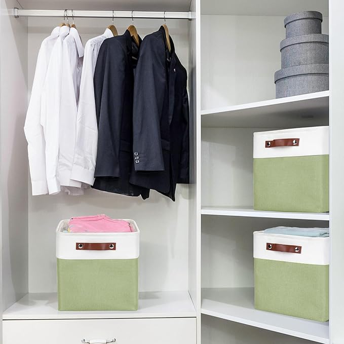 Collapsible Fabric Storage Cubes 11x11 Cube Storage Bins 4 Pack Closet Baskets Box with Handles for Organizing Shelf Toys Clothes Home Office Nursery (Green&ampWhite)