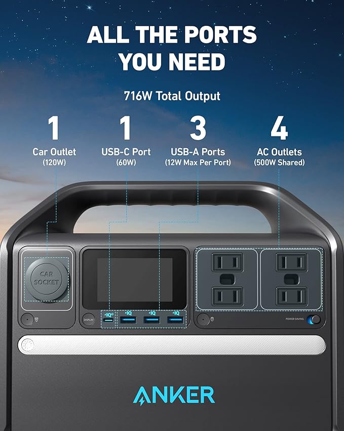 Anker 536 Portable Power Station with Anker Carrying Case Bag 508Wh Solar Generator (Solar Panel Optional)500W 9-Port Powerhouse 4 AC Outlets 60W USB-C PD Output LED Light for Outdoor Camping