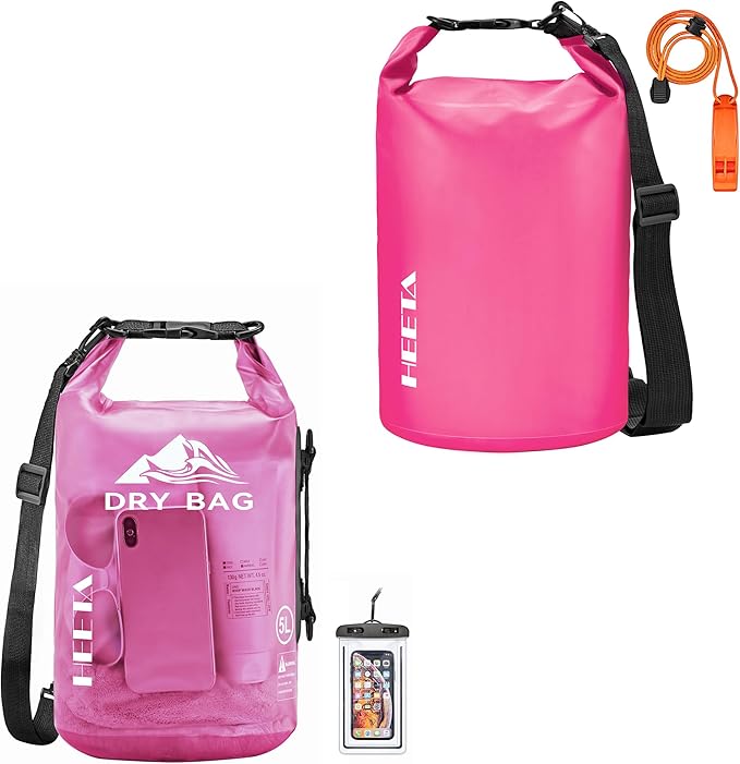 HEETA Waterproof Dry Bag with Phone Case Bundled with Upgraded Version with Emergency Whistle for Women Men Roll Top Lightweight Dry Storage Bag Backpack (Pink 5L)