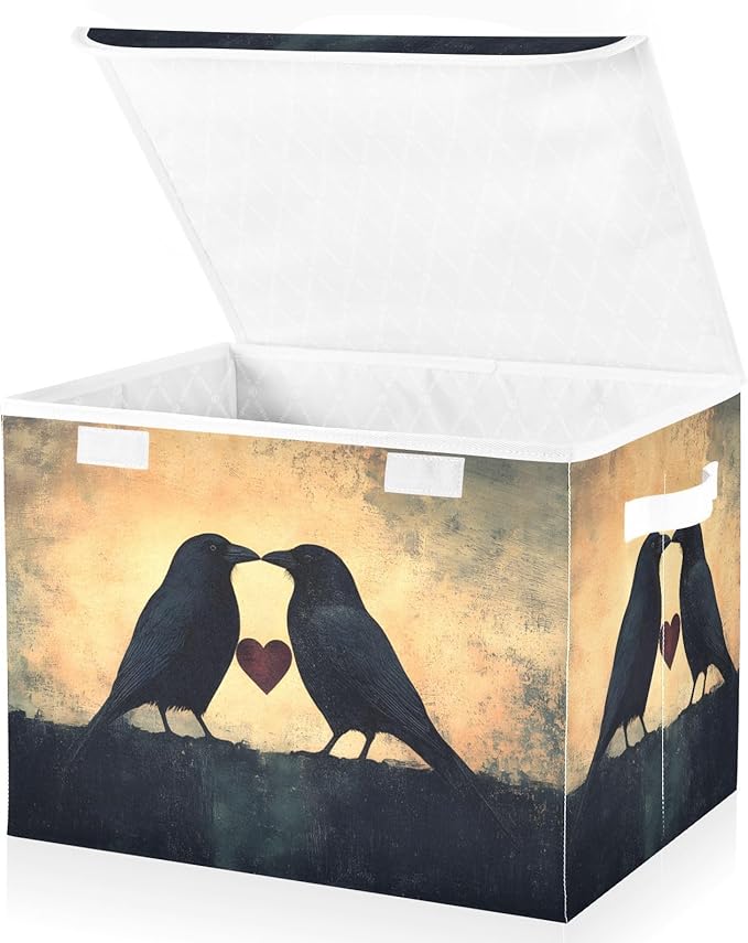 AIXIWAWA Lidded Storage Cube (Birds Heart Love) Fabric Foldable Closet Bins with Flip Lid and Handles Organizer Basket Container 16.5 x 12.6 x 11.8 IN