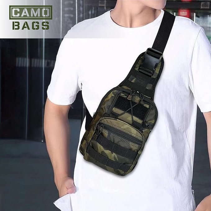 Camo Tactical Sling Bag/Backpack - 1000 Denier Cordura Polyester Crossbody Bag with Comfortable Satchel Inner Pockets Outer Compartment Zip Closure &amp Padded Handle - Chest Bag Use for Multipurp