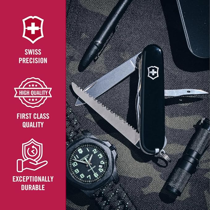 Victorinox Huntsman Swiss Army Knife 15 Functions Swiss Made Pocket Knife with Large Blade Screwdriver Scissors and Wood Saw - Black