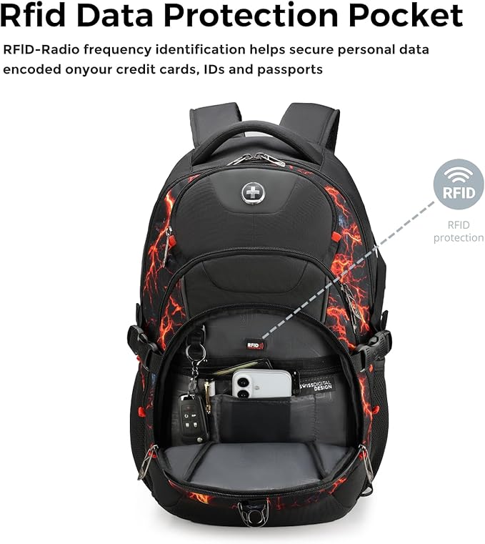 Swissdigital Laptop Backpack with USB Charging Port Travel Backpack Fits 15.6 inches Computer 31L Backpack for Men Flame Red | SD803-97