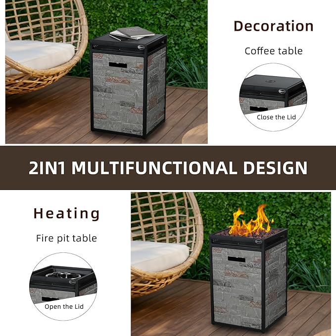 Afterglow Terrafab Grey Panels with Steel Frame 16 Square 40000 Btu Propane Fire Column Outdoor Wood Effect Fire Pit for Outdoor Patio Garden Backyard Decking Decor CSA Certificated