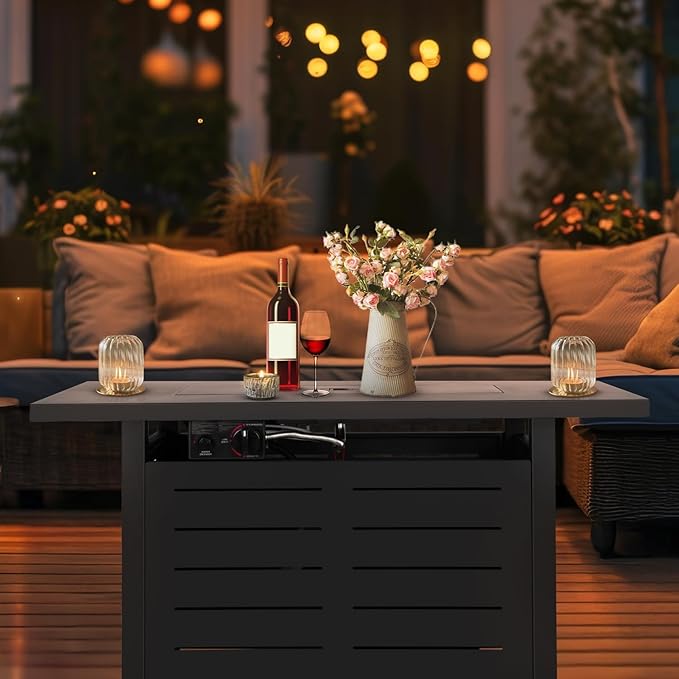 Hykolity 42 Inch Gas Fire Pit Table 60000 BTU Propane Pits for Outside with Steel Lid and Waterproof Cover 2 in 1 Firepit Table Gatherings Parties on Patio Deck Garden Backyard Black