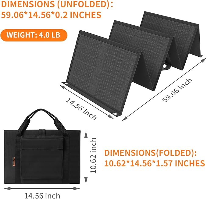 Portable Solar Panel – 60W Foldable Solar Panels with 5V USB and 18V DC for CampingCell PhoneTablet and 5-18V Devices – Compatible with Solar Generators Power Stations