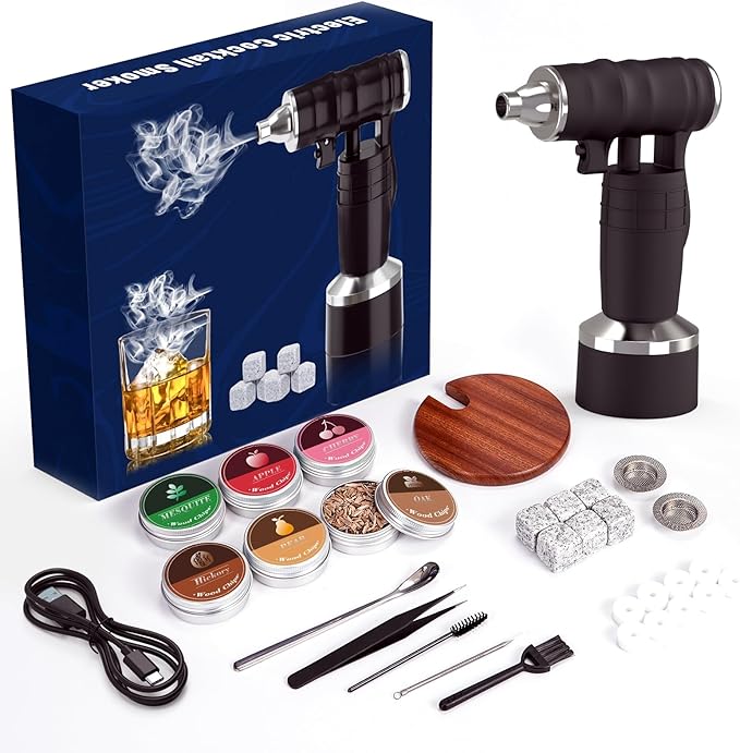 Electric Cocktail Smoker Kit - Rechargeable Whiskey Smoker Kit with Smoking Gun Old-Fashioned Bourbon Smoker Cold Smoker Food Smoke Gun Smoked Drink infuser 6 Wood ChipsButane Not requiredBlack