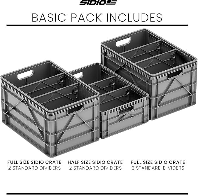 SIDIO Crate Basic Pack - 2 Full-Size &amp 1 Half-Size Heavy Duty Stackable Storage Bins Totes and Containers with Dividers - Durable Plastic Organizer for Home Office Garage and Outdoor Use Gray