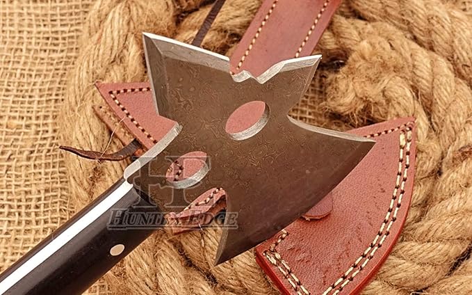 HUNTEX Unique Custom Hand-Forged Rain Drop Pattern Damascus Steel 12 Inch Long Buffalo Horn Handle Full Tang Razor Sharp Hunting Camping Hiking Hiking Axe with Genuine Leather Sheath