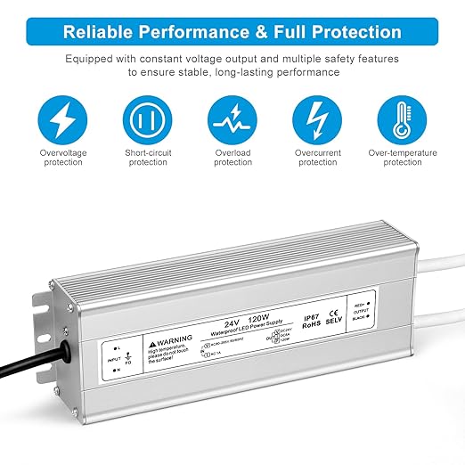 24V 120W LED Power Supply IP67 Waterproof LED Driver AC 110V to DC 24 Volt 5A Low Voltage Transformer Converter for Outdoor LED Strip &amp Landscape Lighting 3-Prong Plug with 3.3FT Cable
