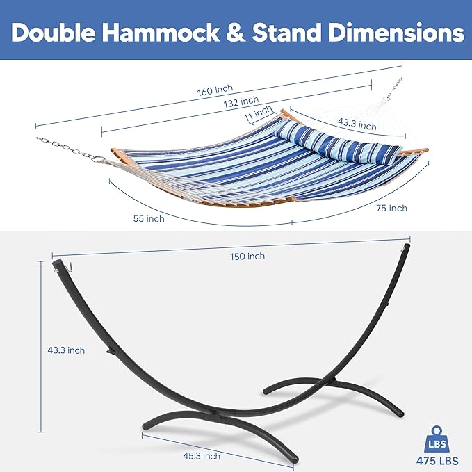 SUNCREAT Portable Outdoor Hammock with Stand Double Hammock with Stand for Outside Patent Pending Blue &amp White