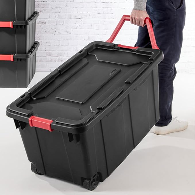 Sterilite 8-Pack Industrial Tote Heavy-Duty Storage Bins w/Lids and Wheels 40 Gallon - Stackable Organizing Containers for Home Garage Office and Basement