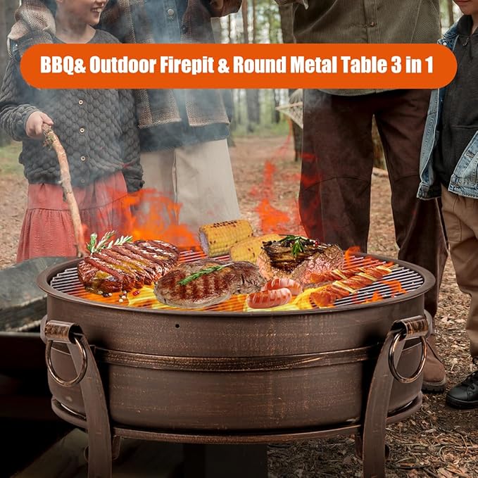 EcoNook 36 Inch Fire Pit with Grill &amp Lid Fireplace &amp Round Table &amp BBQ 3 in 1 Fire PitHeavy Duty Wood Burning Fire Pits for Outside with Fire Poker Waterproof Cover &amp Log Grate