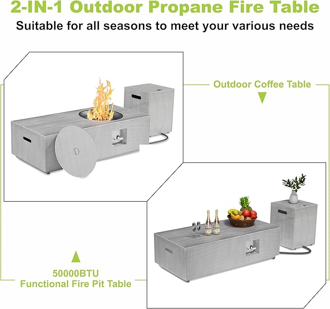 SUNPEAK 48 Outdoor Propane Fire Pit with Round Burner and Lights - 50000 BTU Fire Pit Table with Lid Rocks Cover &amp Tank Storage - Patio and Deck Gas Fire Pit (Light Grey/Golden Light 48 LED)