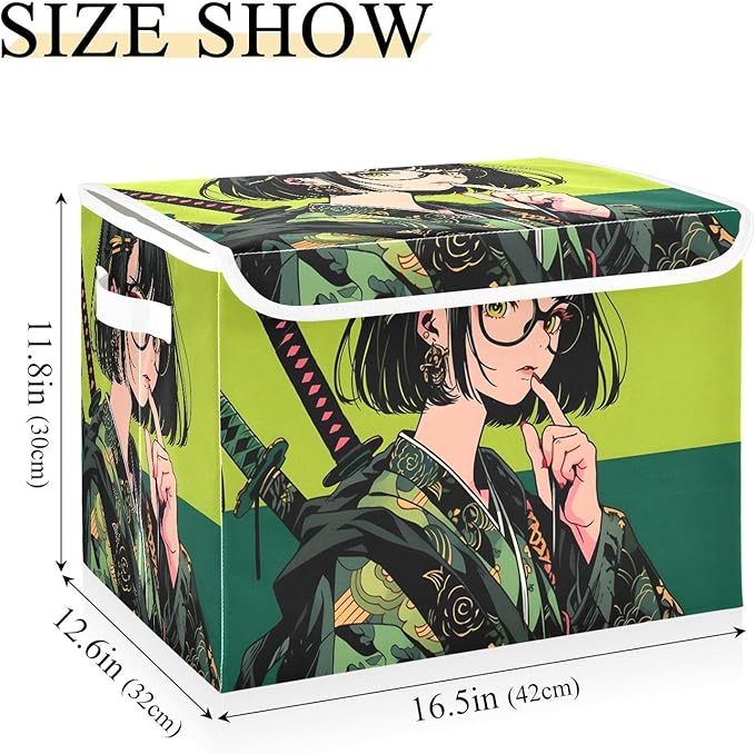 Green Samurai Storage Cube Bins Basket with Lid Collapsible Flip-top Fabric with Handle for Home Bedroom Closet Office 16.5×12.6×11.8 in