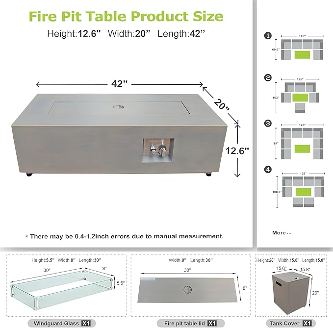 2-Piece 42 LED Rectangular Propane Fire Pit for Outside Patio with Hidden Tank Table 50000 BTU Fireplaces with Glass Wind Guard Lid Glass Rocks Cover(Grey w/Warm Light)