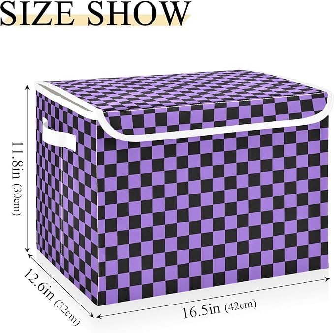 Purple Black Checkerboard Storage Baskets Lidded Bin Foldable Storage Boxes Cubes Lids with 2 Handles for Organizing Closet Home Office