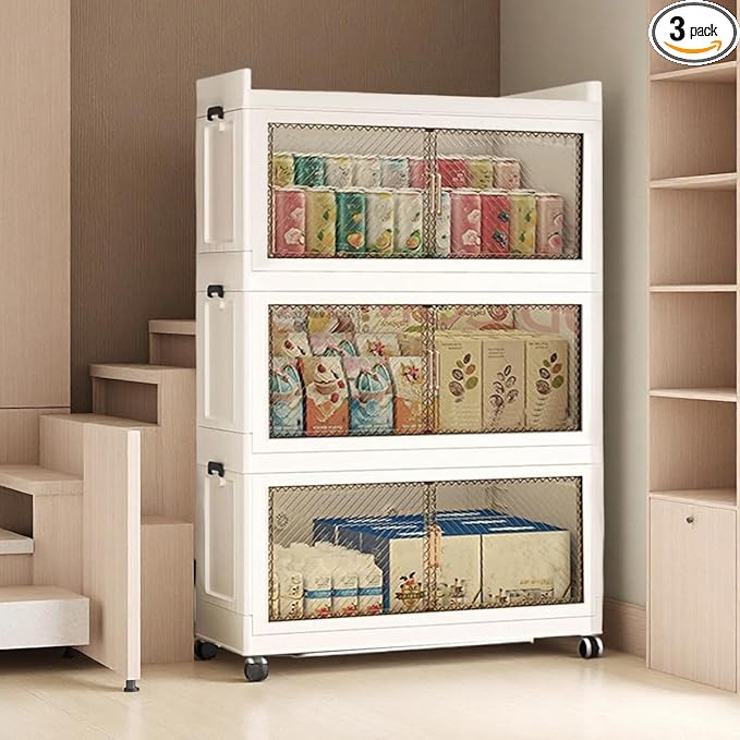 5900QT Stackable Storage Bins with Lid147Gal Closet Organizers and Plastic Cabinets Shelves Collapsible Drawers Foldable Boxes with Wheels for Home Office 3Pack (Clear Door 39inch)