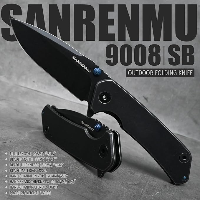 SANRENMU SRM 9008 Outdoor Folding Knife 12c27 Blade Hiking Adventure Camping Picnic Wilderness Survival Hunting Fishing EDC Portable Folding Knife (9008SB（Black）)