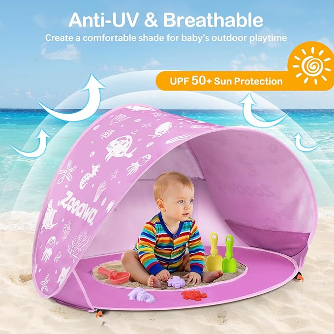 Zooawa Baby Beach Tent Pop Up Beach Tent Sun Shade for Beach Portable Shade Pool UV Protection Sun Shelter for Infant with Beach Sand Toys Set