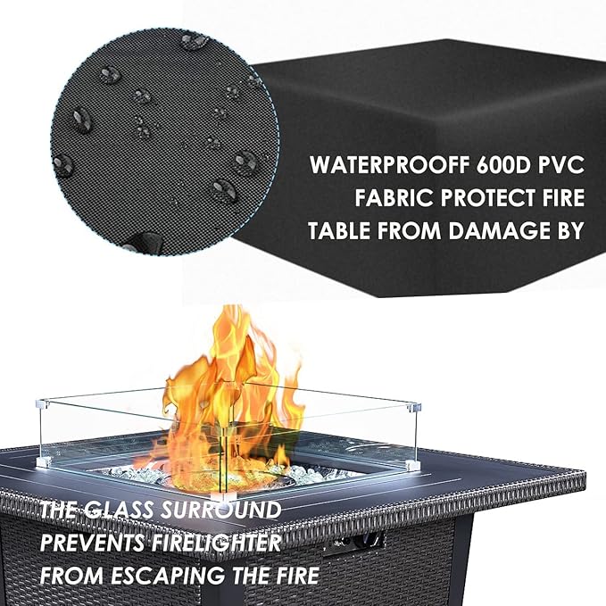 42 Inch Propane Gas Fire Pit Table 50000 BTU Square Aluminum Outdoor Fireplace with CSA Certification Lid Glass Wind Guard &amp Waterproof Cover Gray Rattan 2-in-1 Fire Table for Patio Garden