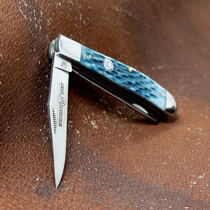 WHISKEY BENT HAT CO. Traditional Trapper Folding Pocket Knife 4.125 Closed Length 440C Stainless Steel Blades (Blueberry)