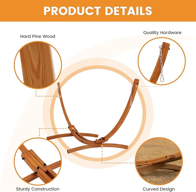 Lazy Daze Hammocks Cotton Fabric Spreader Bar Hammock and 10.5 Ft Wood Arc Hammock Stand Combo for Indoor Outdoor Patio Garden Backyard Khaki and Brown