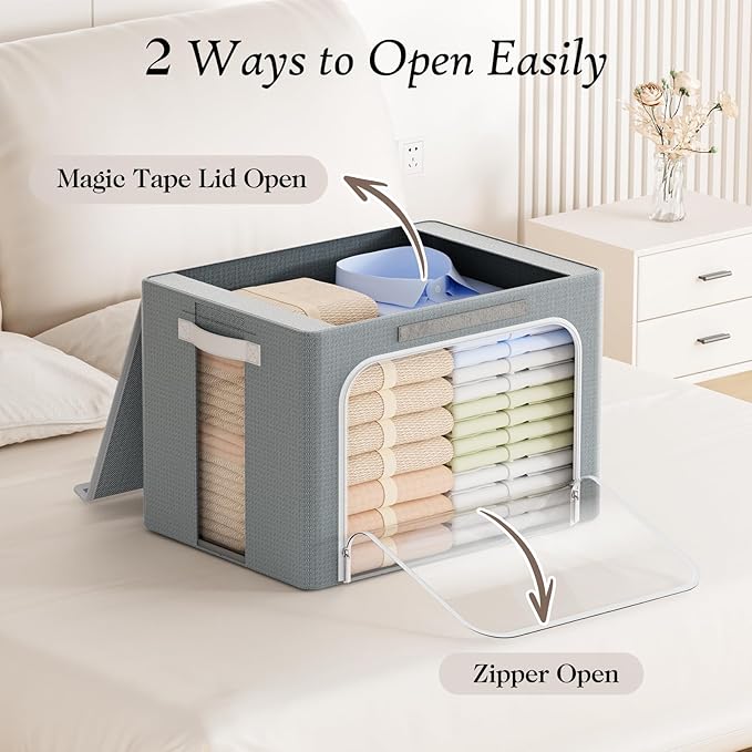 Yecaye Clothes Storage Bins with Metal Frame 40L Foldable Clothing Storage Bins with Lid Stackable Zippered Clothes Storage Bags Oxford Fabric Organizer Box With Clear Window＆ PU Leather Handles