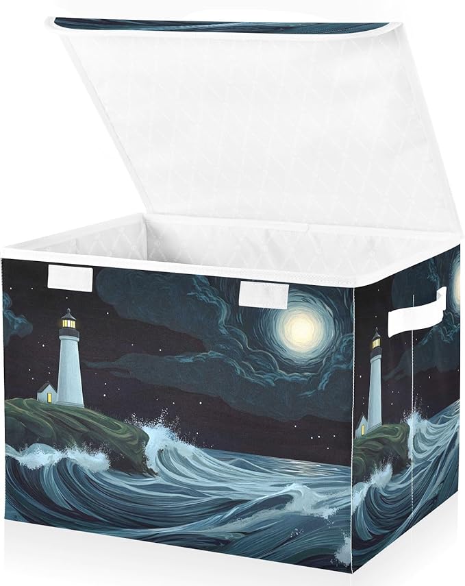Storage Cube with Lid Cartoon Lighthouse Print 16.5×12.6×11.8 IN 1 Pack Collapsible Large Capacity Foldable Storage Basket Bin Organizer