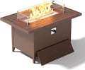 43 Aluminum Propane Fire Pit Table with 55000 BTU Rectangle Outdoor Gas Fire Table with Glass Wind Guard Glass Stones &amp Waterproof Cover Patio Fire Table for Backyard Deck Garden Brown
