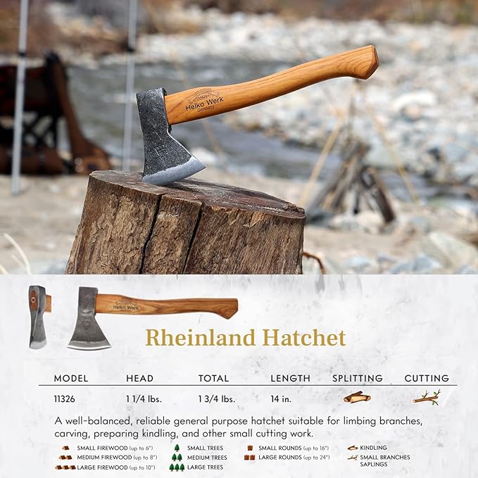 1844 Helko Werk Germany Traditional Rheinland Hatchet - Made in Germany Camping and Bushcraft Hatchets Backpacking Handmade German Small Axe - Head 1.25 lbs Handle 14 in. (Rheinland Hatchet) #11326