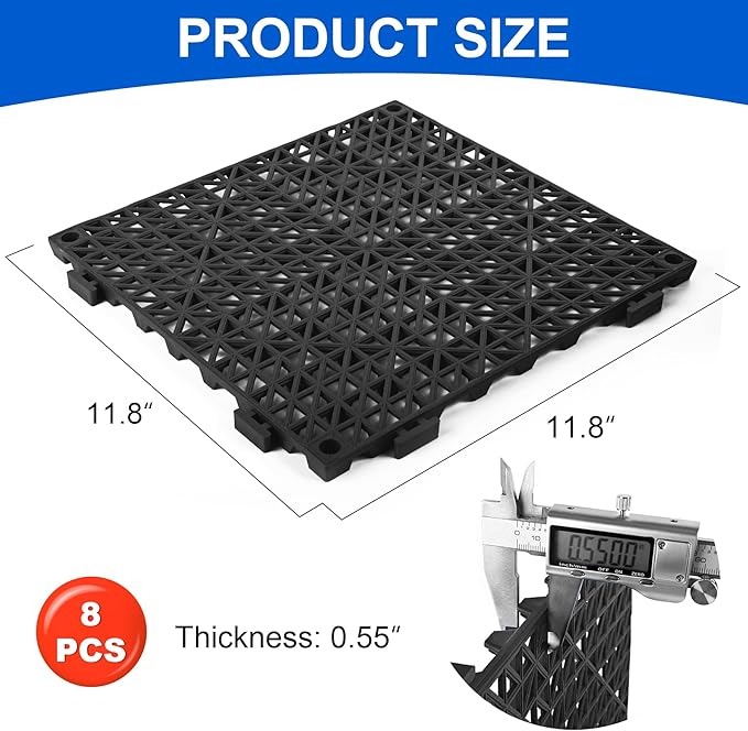 MYFAMIREA Modular Interlocking Cushion 8 Pack 11.8 x 11.8 Rubber Floor Tiles Non-Slip Splicing Drainage Mats for Deck Black